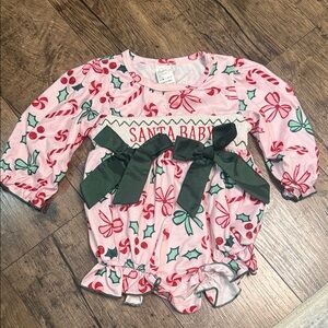 Pink Santa Baby Romper with Green Bows